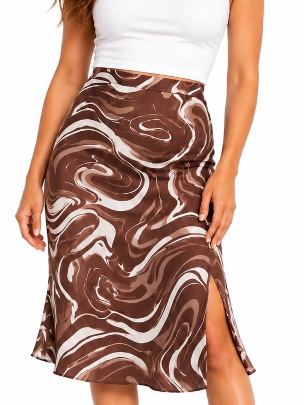 Hollister Ultra High Rise Brown Swirl Satin Midi Slip Skirt Size M